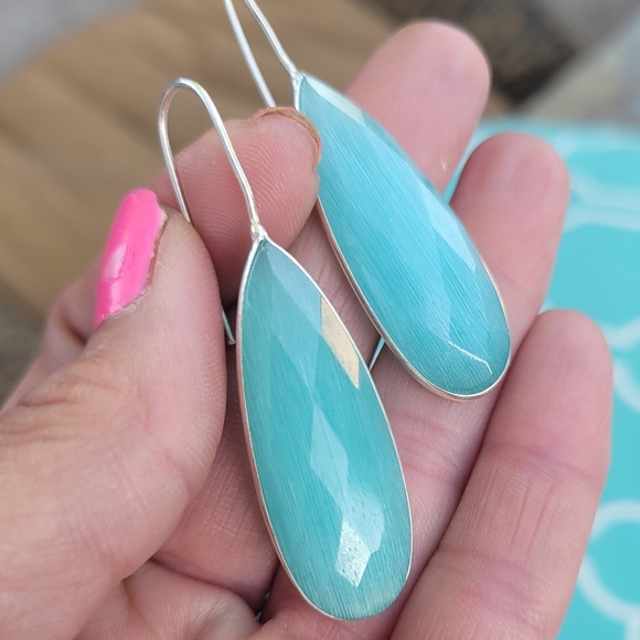🩵Genuine Cat Eye Gemstone Teardrop Earrings Sterling Silver - Picture 1 of 3